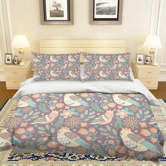 3D Cartoon Bird Flower Quilt Cover Set Bedding Set Pillowcases 3