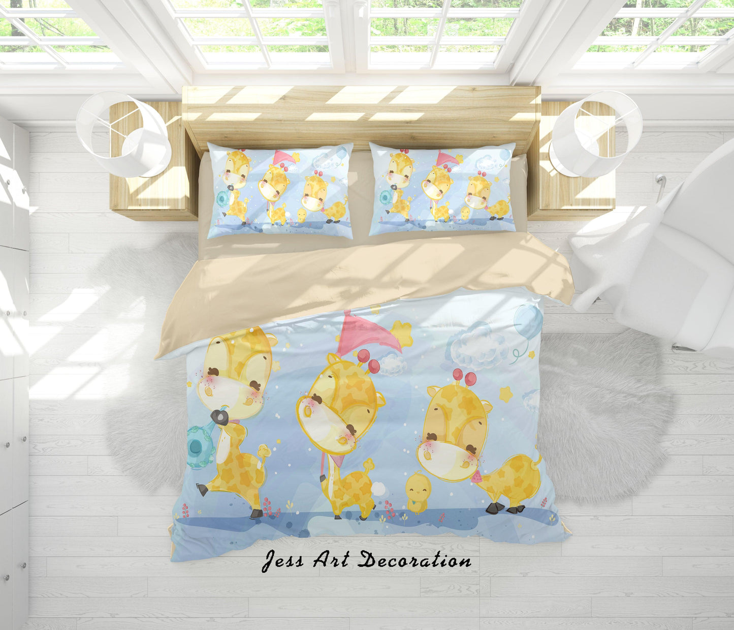 3D Cartoon Giraffe Blue Quilt Cover Set Bedding Set Duvet Cover Pillowcases A336 LQH