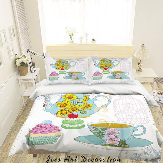 3D Abstract Hand Draw Cartoon Teacup Floral Pattern Quilt Cover Set Bedding Set Duvet Cover Pillowcases WJ 3594