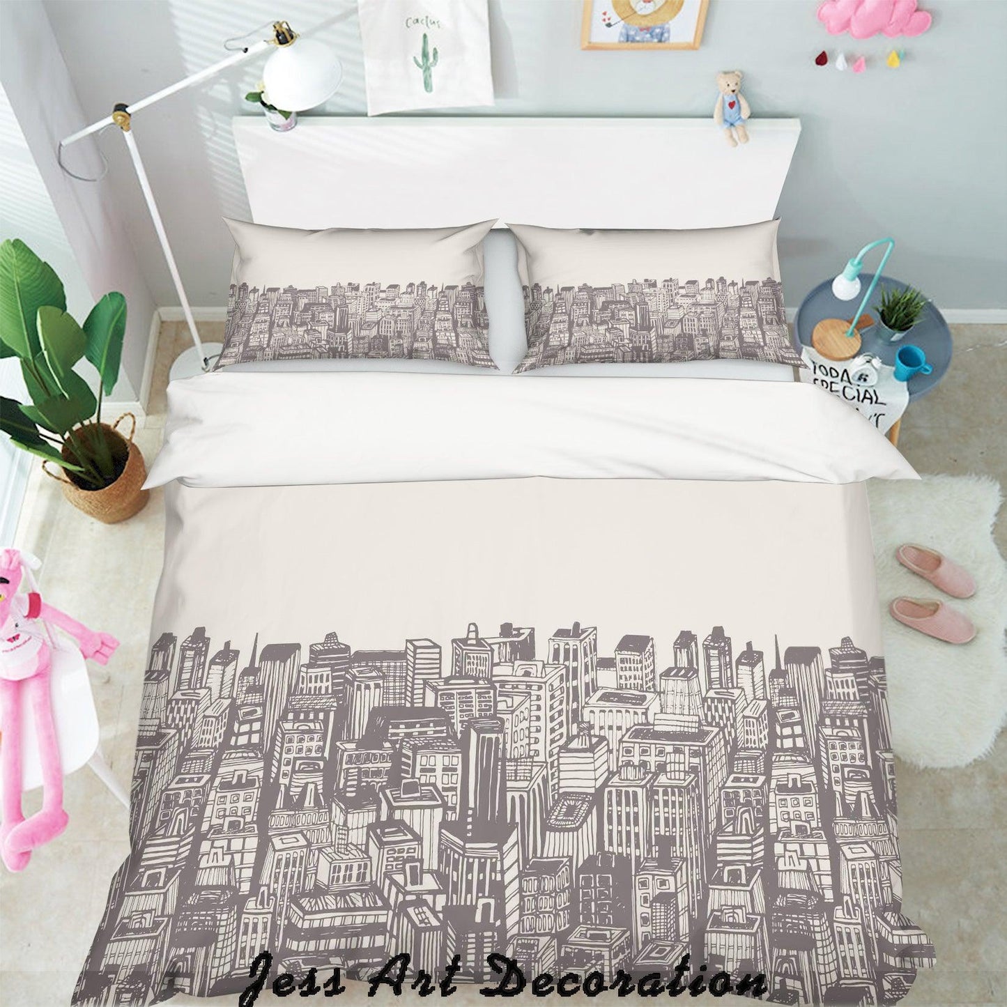 3D Black White City Building Simple Line Drawing Quilt Cover Set Bedding Set Pillowcases  166