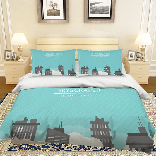 3D Blue Stripes Building City Skyscraper Quilt Cover Set Bedding Set Pillowcases 56