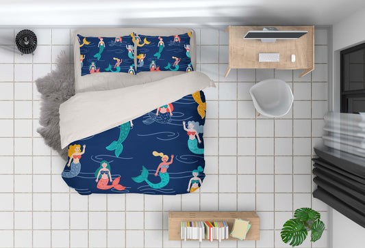 3D Cartoon Mermaid Dark Blue Quilt Cover Set Bedding Set Pillowcases 56