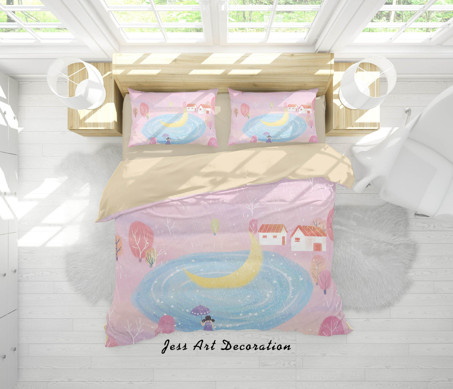 3D Cartoon Pond Rain Girl House Quilt Cover Set Bedding Set Duvet Cover Pillowcases A580 LQH