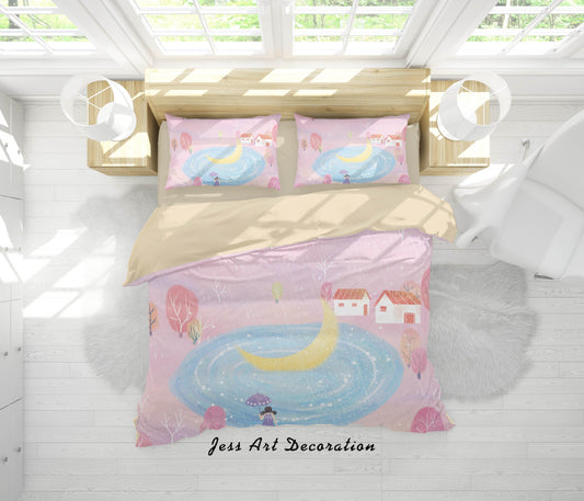 3D Cartoon Pond Rain Girl House Quilt Cover Set Bedding Set Duvet Cover Pillowcases A580 LQH