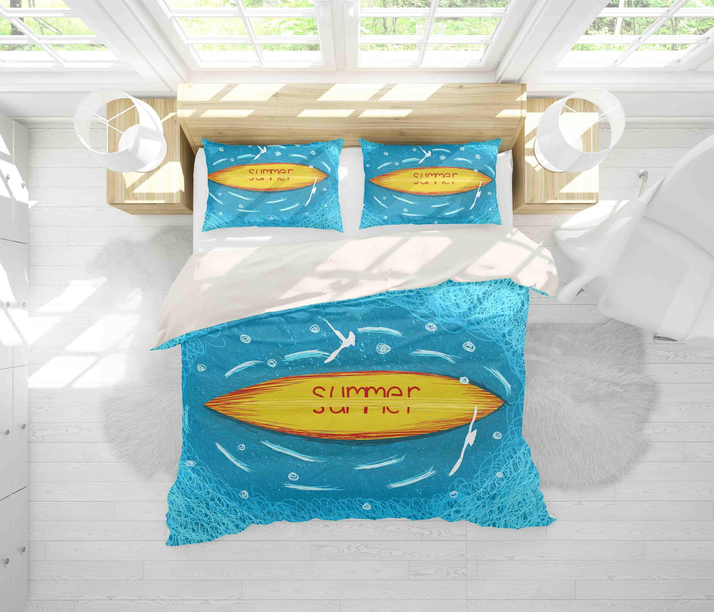 3D Blue Boat Summer Seagull Quilt Cover Set Bedding Set Pillowcases 145