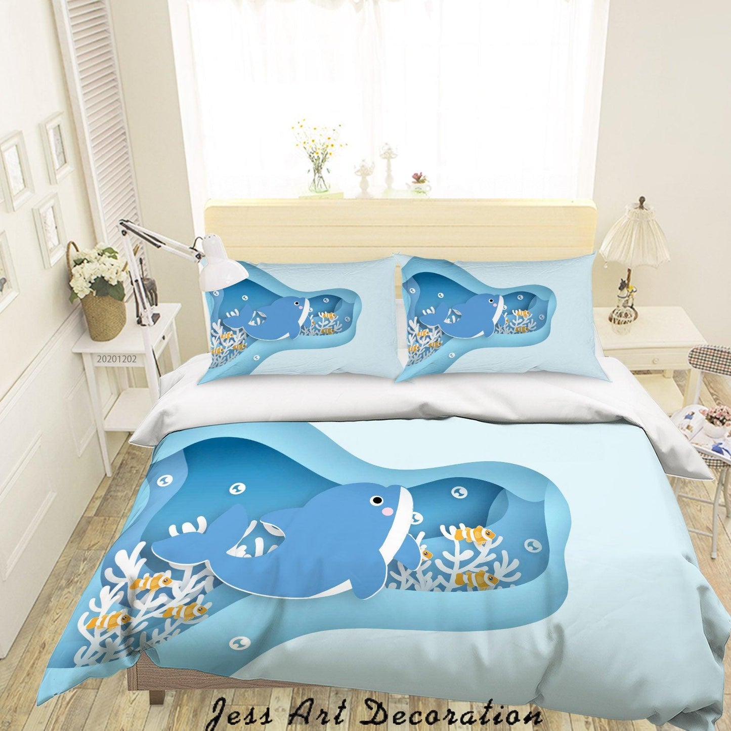 3D Cartoon Hand Drawn Blue Ocean Whale Fish Coral Quilt Cover Set Bedding Set Duvet Cover Pillowcases LXL