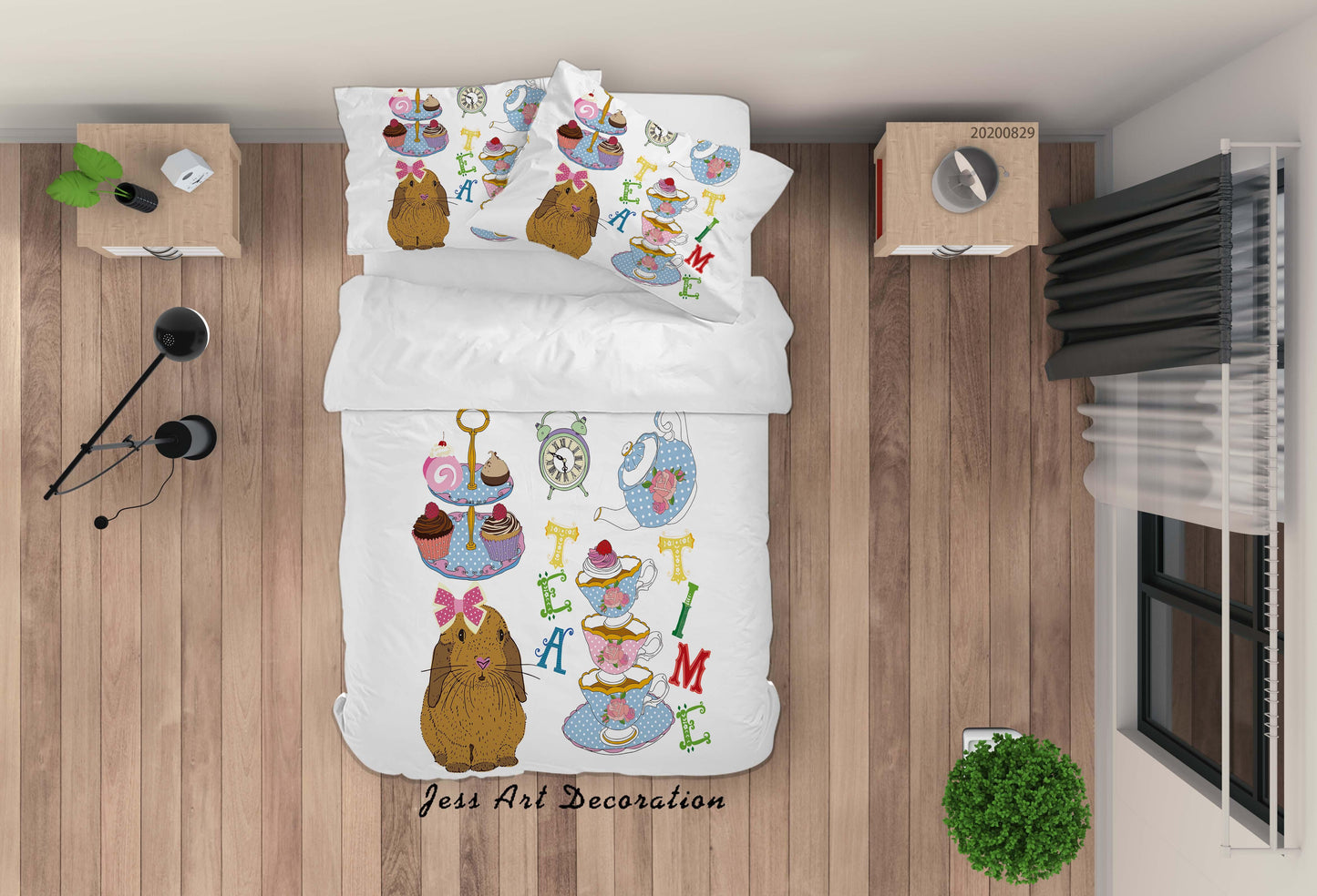 3D Abstract Hand Draw Cartoon Rabbit Teacup Dessert Pattern Quilt Cover Set Bedding Set Duvet Cover Pillowcases WJ 3564