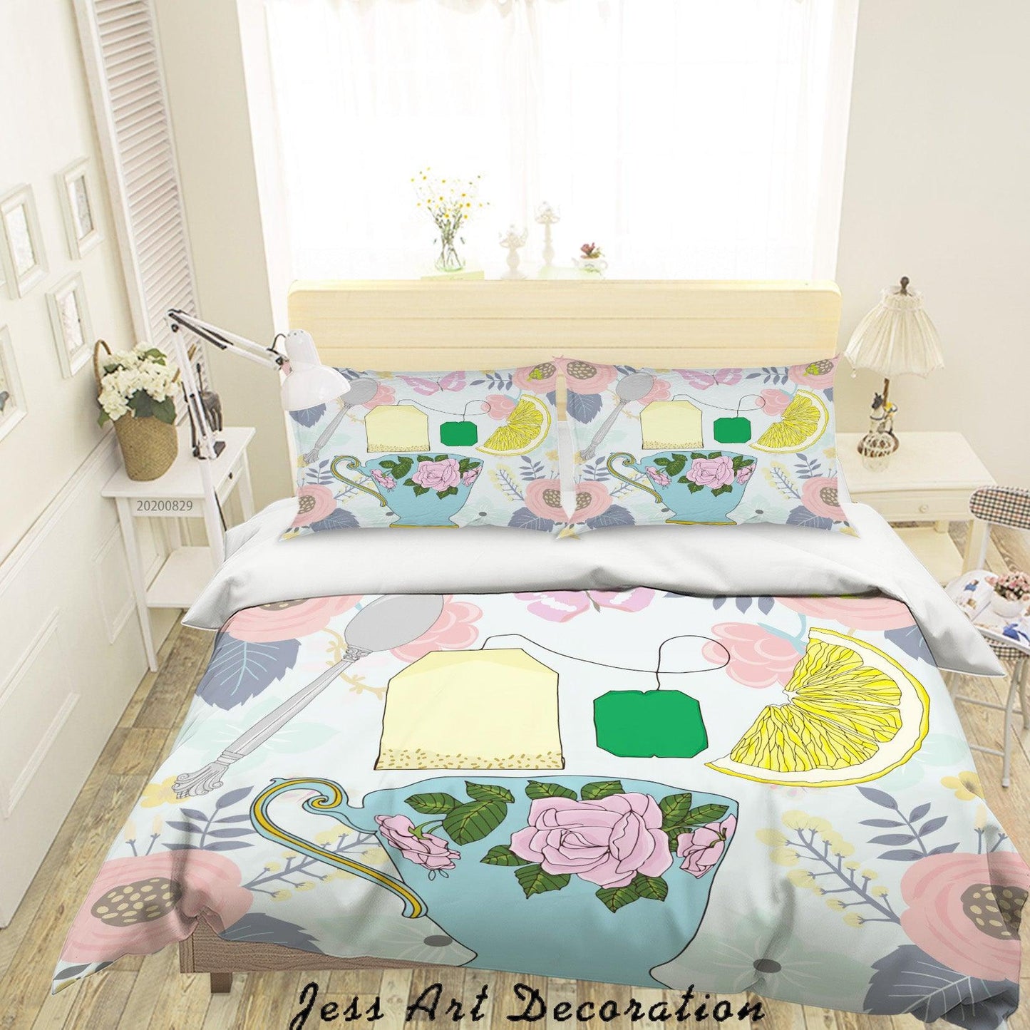 3D Abstract Hand Draw Cartoon Teacup Lemon Floral Pattern Quilt Cover Set Bedding Set Duvet Cover Pillowcases WJ 3592