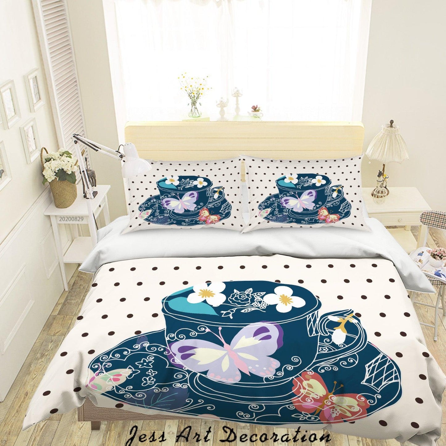 3D Abstract Hand Draw Cartoon Teacup Butterfly Pattern Quilt Cover Set Bedding Set Duvet Cover Pillowcases WJ 3586