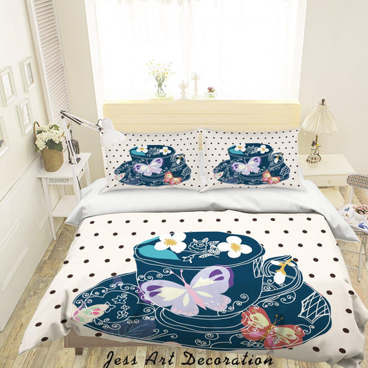 3D Abstract Hand Draw Cartoon Teacup Butterfly Pattern Quilt Cover Set Bedding Set Duvet Cover Pillowcases WJ 3586