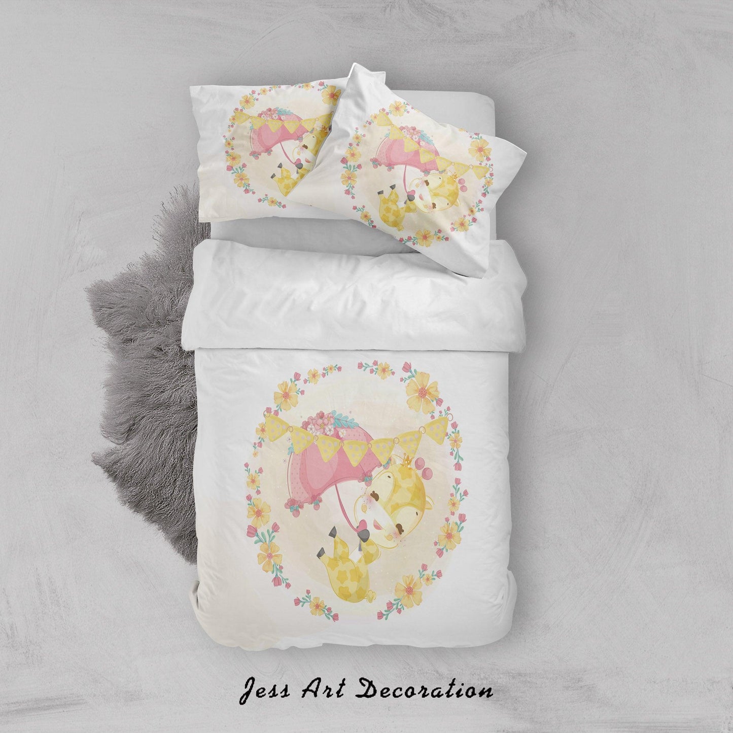 3D Cartoon Giraffe Umbrella Floral Quilt Cover Set Bedding Set Duvet Cover Pillowcases SF80