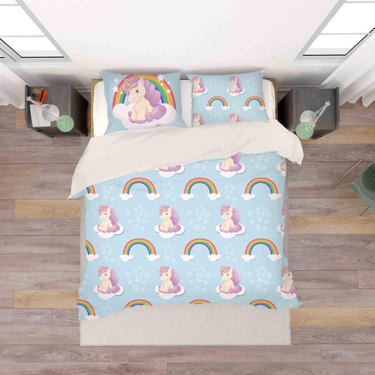 3D Cartoon Blue Unicorn Rainbow Quilt Cover Set Bedding Set Pillowcases 114