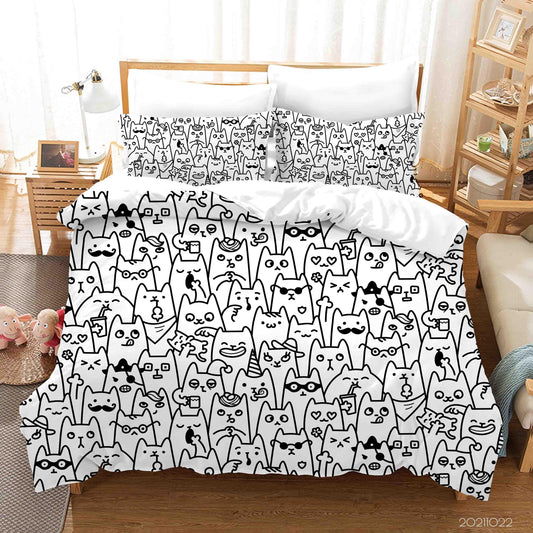 3D Cartoon Animal Cat Graffiti Quilt Cover Set Bedding Set Duvet Cover Pillowcases 23