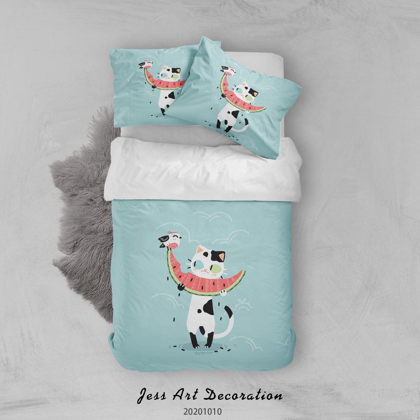 3D Cartoon Animal Cat Watermelon Quilt Cover Set Bedding Set Duvet Cover Pillowcases WJ 9580