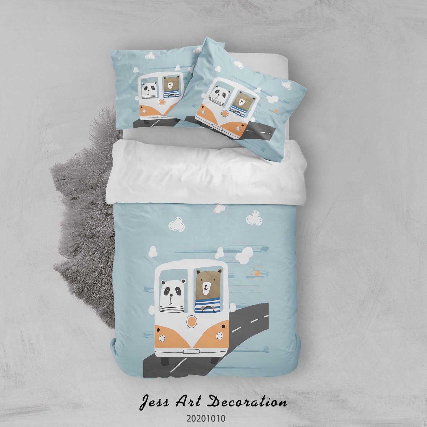 3D Cartoon Cute Animal Bear Bus Quilt Cover Set Bedding Set Duvet Cover Pillowcases WJ 9556