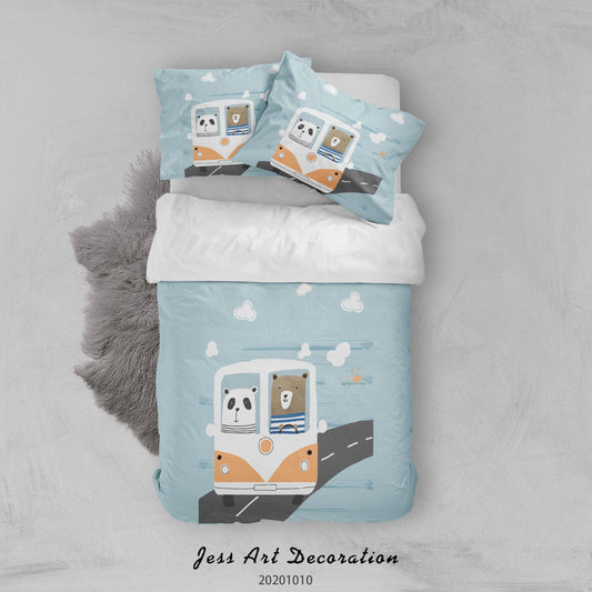 3D Cartoon Cute Animal Bear Bus Quilt Cover Set Bedding Set Duvet Cover Pillowcases WJ 9556