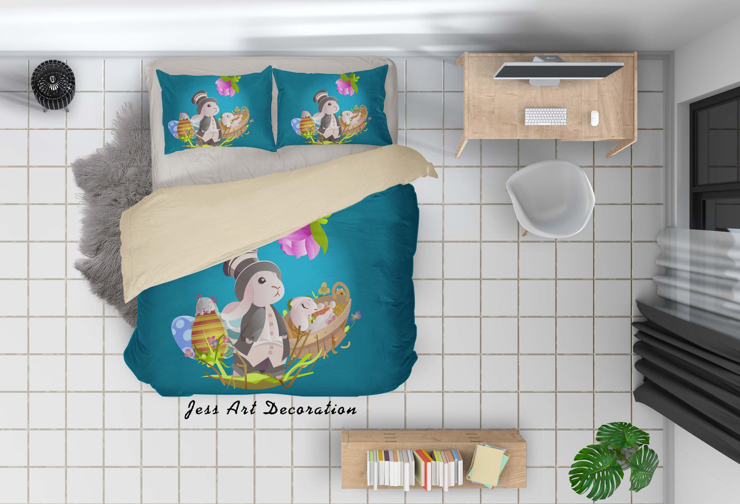 3D Blue Rabbit Basket Eggs Floral Quilt Cover Set Bedding Set Duvet Cover Pillowcases SF15