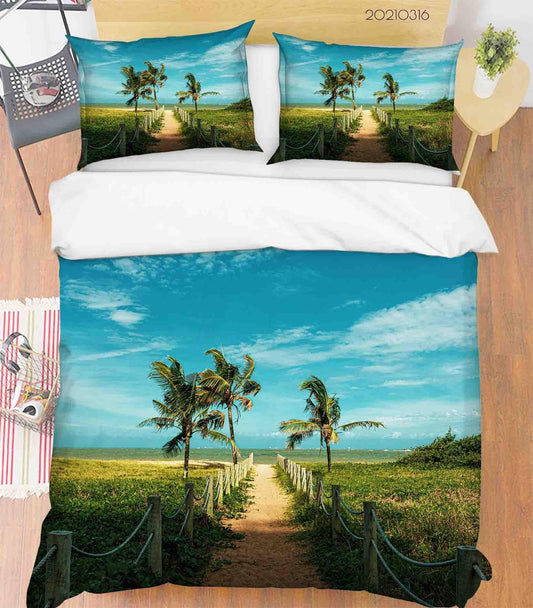 3D Blue Sky Cloud Coconut Tree Landscape Quilt Cover Set Bedding Set Duvet Cover Pillowcases 175