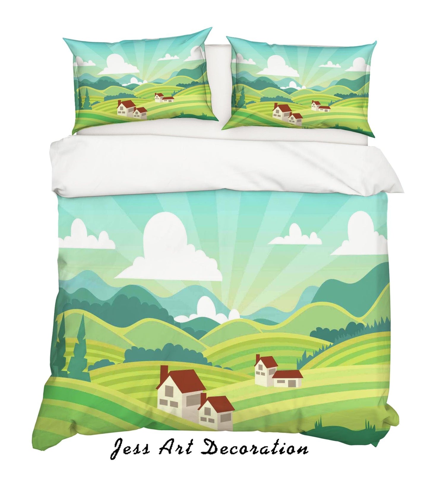 3D Blue Green Mountains House Trees Quilt Cover Set Bedding Set Pillowcases 05