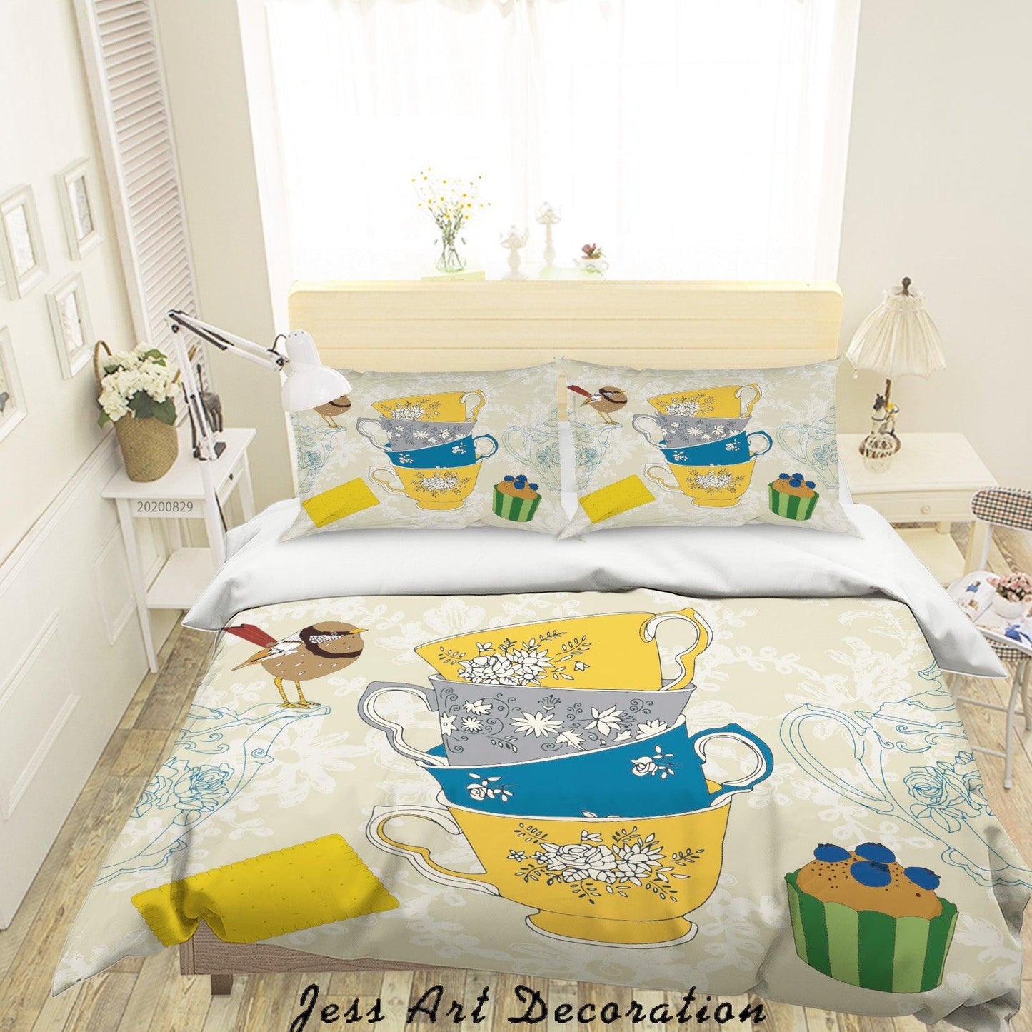 3D Abstract Hand Draw Cartoon Teacup Bird Pattern Quilt Cover Set Bedding Set Duvet Cover Pillowcases WJ 3574