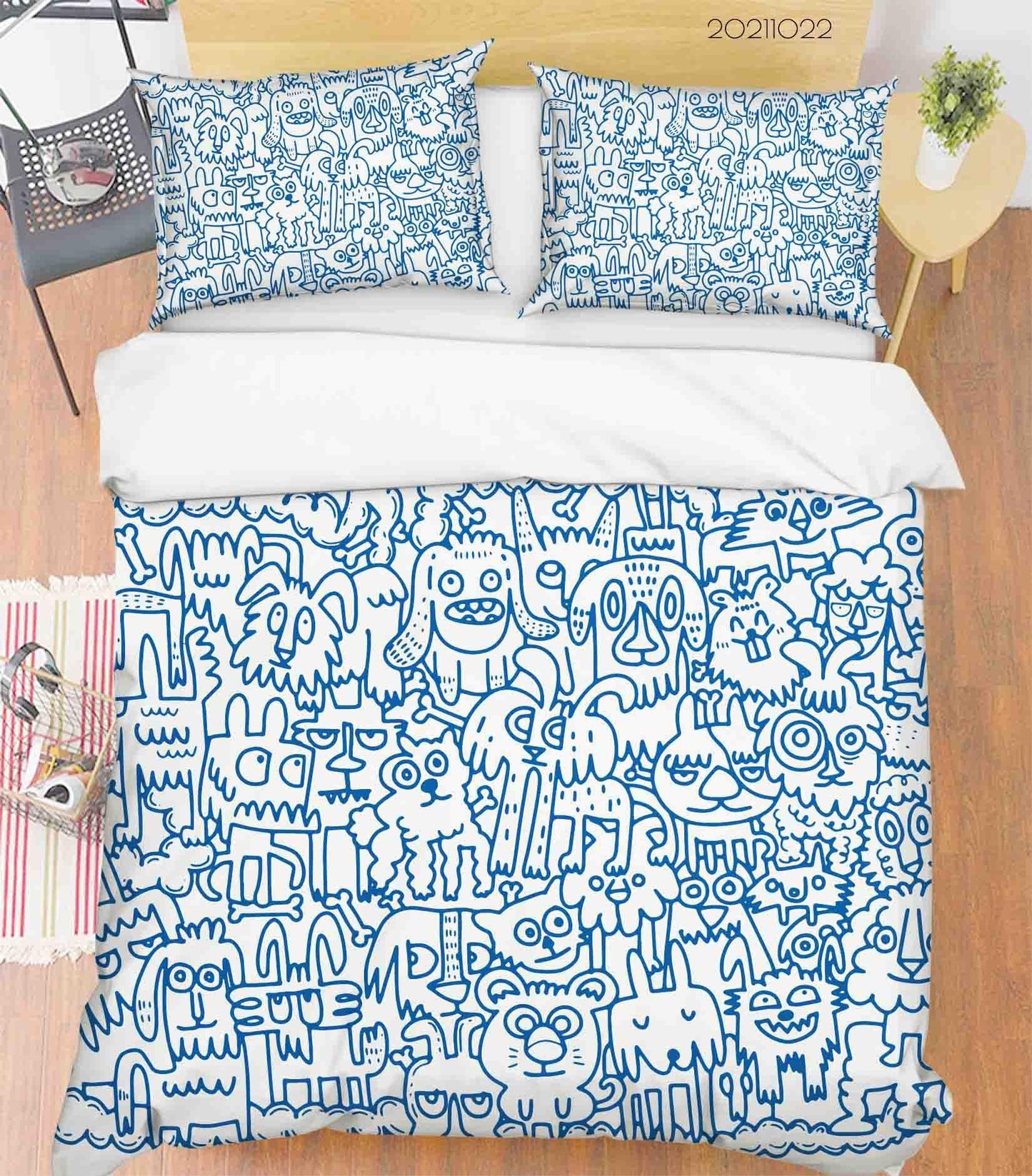 3D Cartoon Blue Animal Dog Doodle Quilt Cover Set Bedding Set Duvet Cover Pillowcases 40