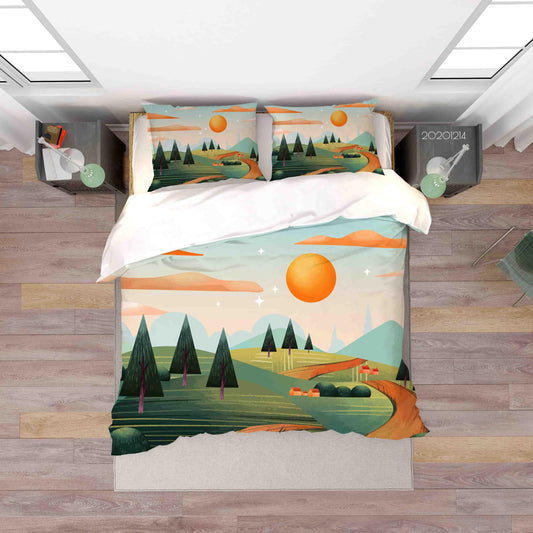 3D Cartoon Orange Sun Cloud Green Tree Plant Quilt Cover Set Bedding Set Duvet Cover Pillowcases LXL