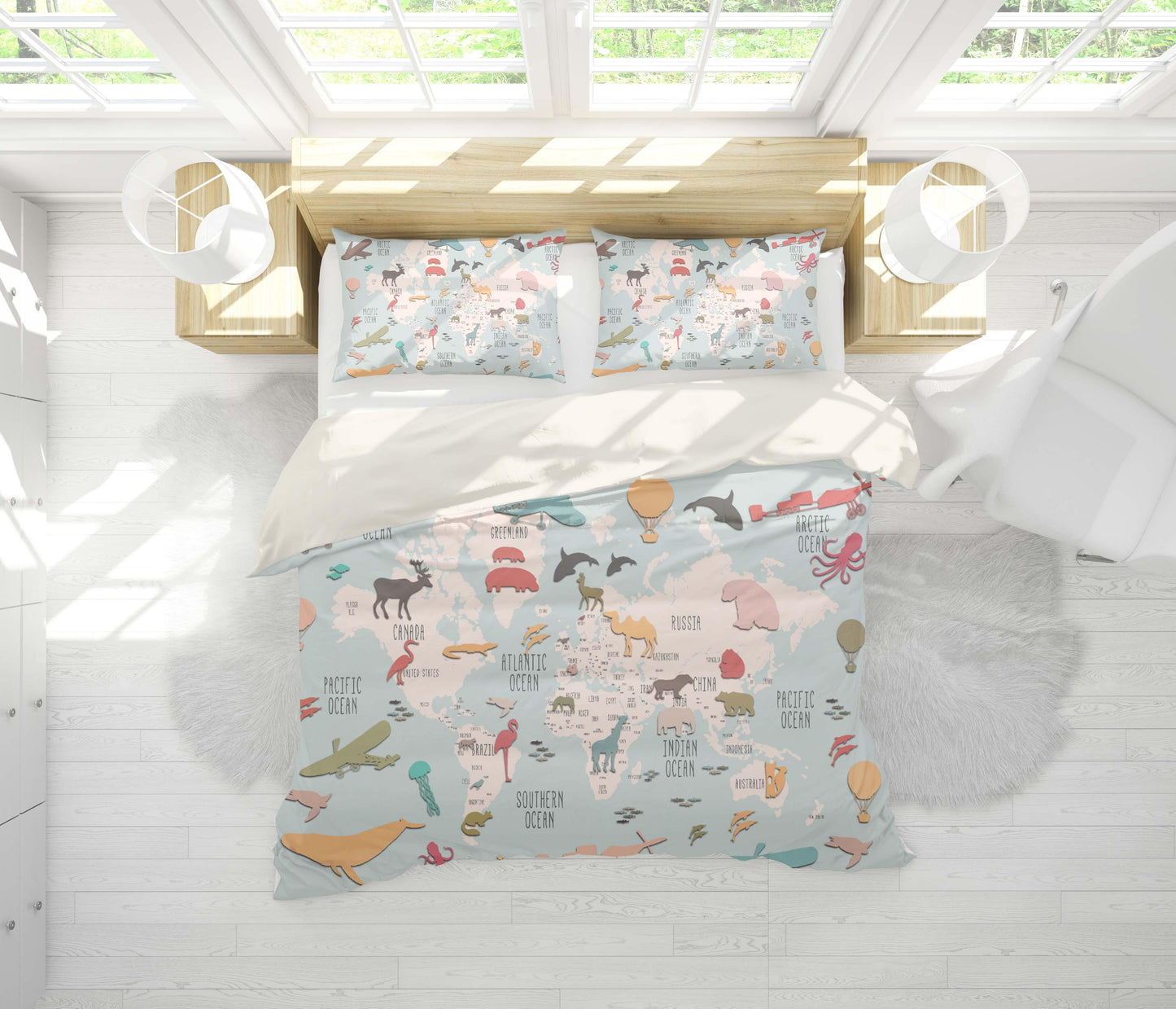 3D Blue Animal World Map Aircraft Quilt Cover Set Bedding Set Pillowcases 28