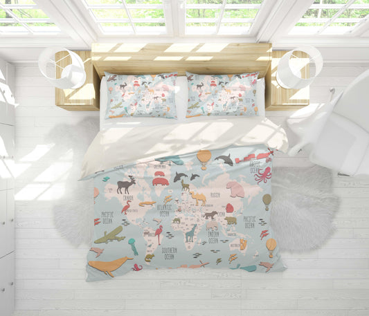 3D Blue Animal World Map Aircraft Quilt Cover Set Bedding Set Pillowcases 28