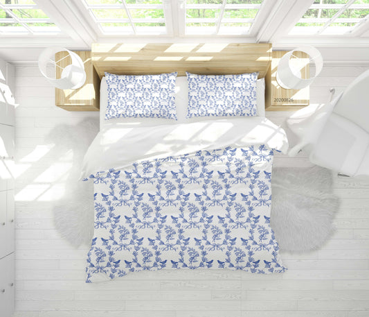3D Blue Flowers Leaves Birds Pattern Quilt Cover Set Bedding Set Duvet Cover Pillowcases WJ 1373