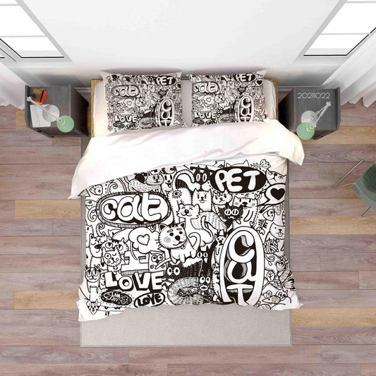 3D Abstract Grey Cat Graffiti Quilt Cover Set Bedding Set Duvet Cover Pillowcases 47