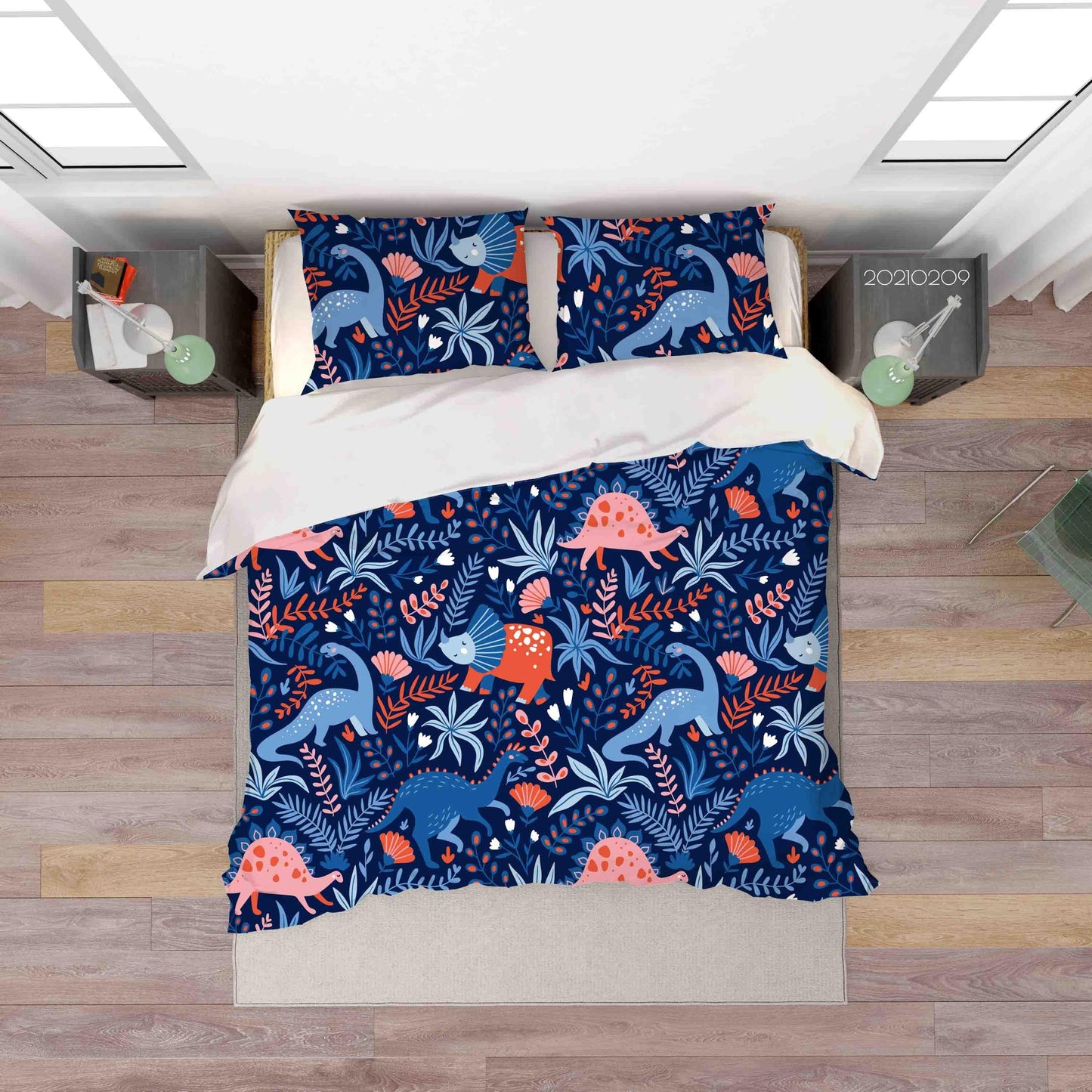 3D Cartoon Blue Dinosaur Leaf Quilt Cover Set Bedding Set Duvet Cover Pillowcases 321