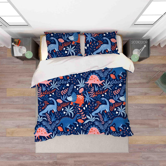 3D Cartoon Blue Dinosaur Leaf Quilt Cover Set Bedding Set Duvet Cover Pillowcases 321