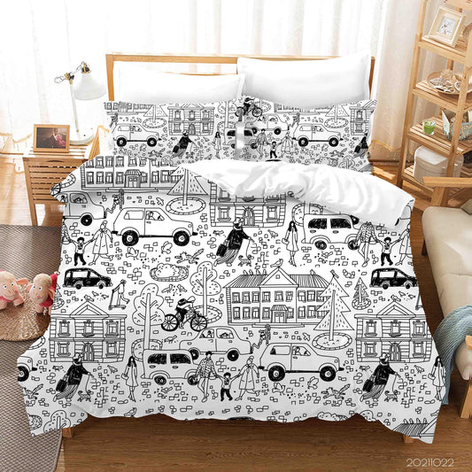 3D Cartoon City Life Illustrations Quilt Cover Set Bedding Set Duvet Cover Pillowcases 44