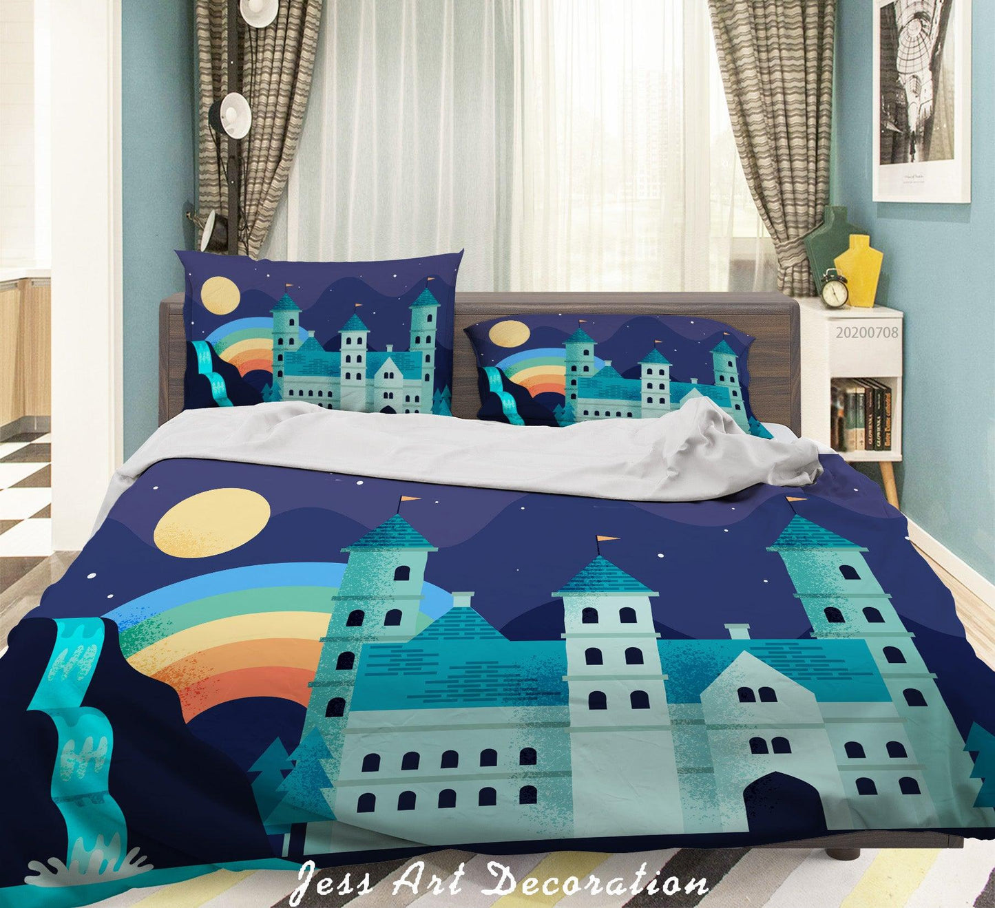 3D Blue Castle Waterfall Rainbow Quilt Cover Set Bedding Set Duvet Cover Pillowcases SF22