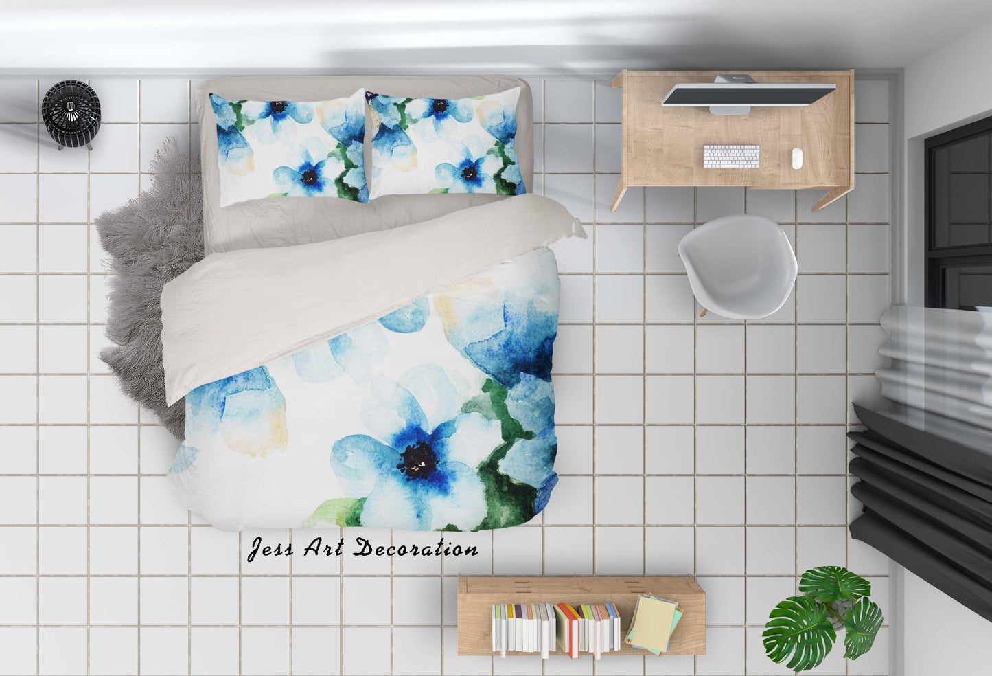 3D Blue Watercolor Floral Quilt Cover Set Bedding Set Pillowcases 19