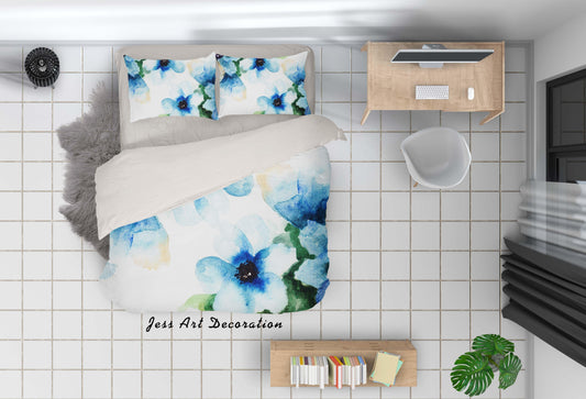 3D Blue Watercolor Floral Quilt Cover Set Bedding Set Pillowcases 19