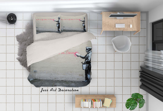 3D Banksy Mural Brick Wall Red Letter Quilt Cover Set Bedding Set Duvet Cover Pillowcases  ZY D108
