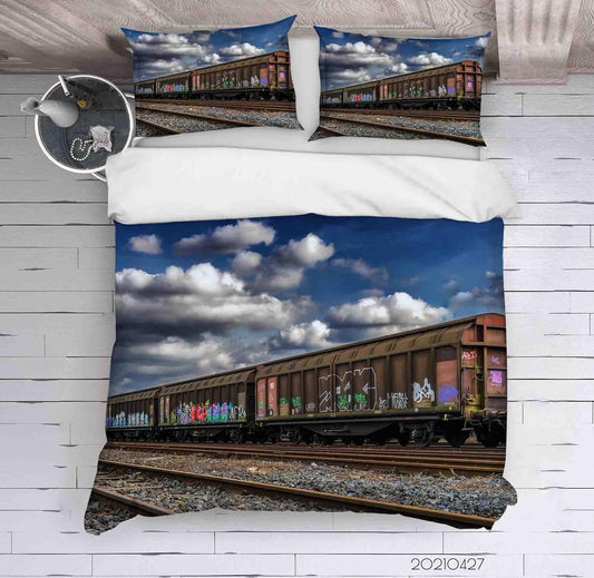 3D Blue Sky White Cloud Train Graffiti Quilt Cover Set Bedding Set Duvet Cover Pillowcases 109