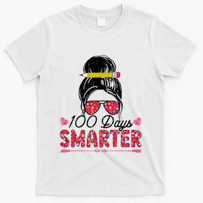 100 Days Smarter Girl Messy Bun Hair 100th Day Of School T-Shirt