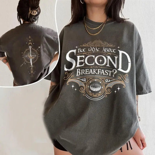2 Slides, Funny LOTR T-Shirt For Fans, Second Breakfast Shirt, Bookworm Apparel, Cozy Fantasy Tee, Gift For Book Lover Casual Cotton