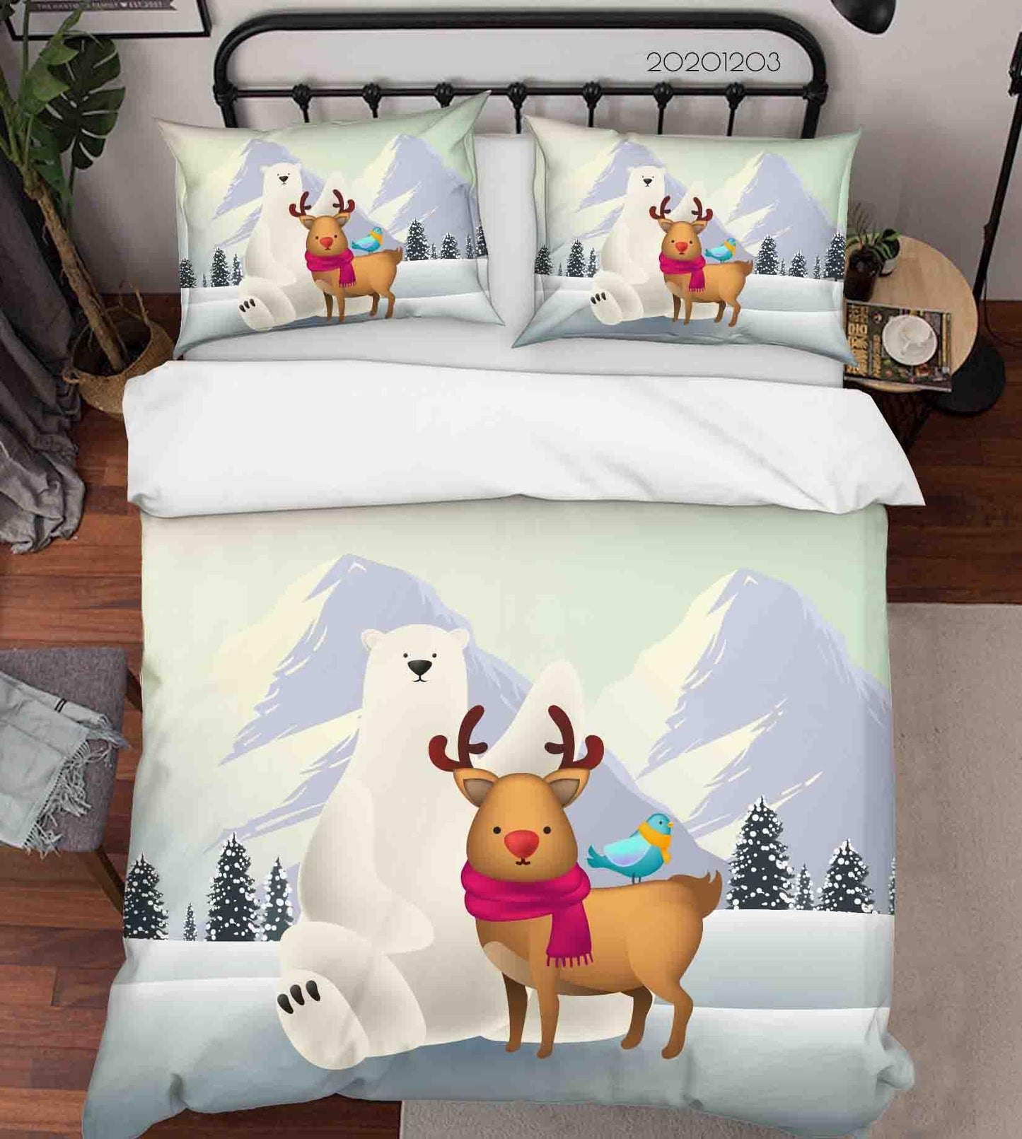 3D Cartoon Ice Mountain Fir Plant Polar Bear Reindeer Animal Quilt Cover Set Bedding Set Duvet Cover Pillowcases LXL