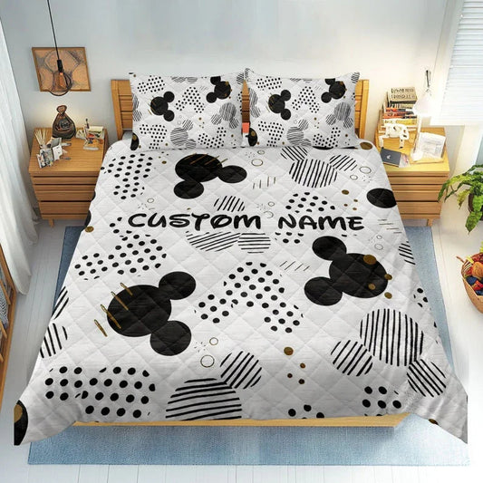 Personalized Mickey Quilt Bedding Set, Custom Name Mickey Family Quilt Blanket & Pillowcases, Christmas Gift for Boy, Girl, Kids