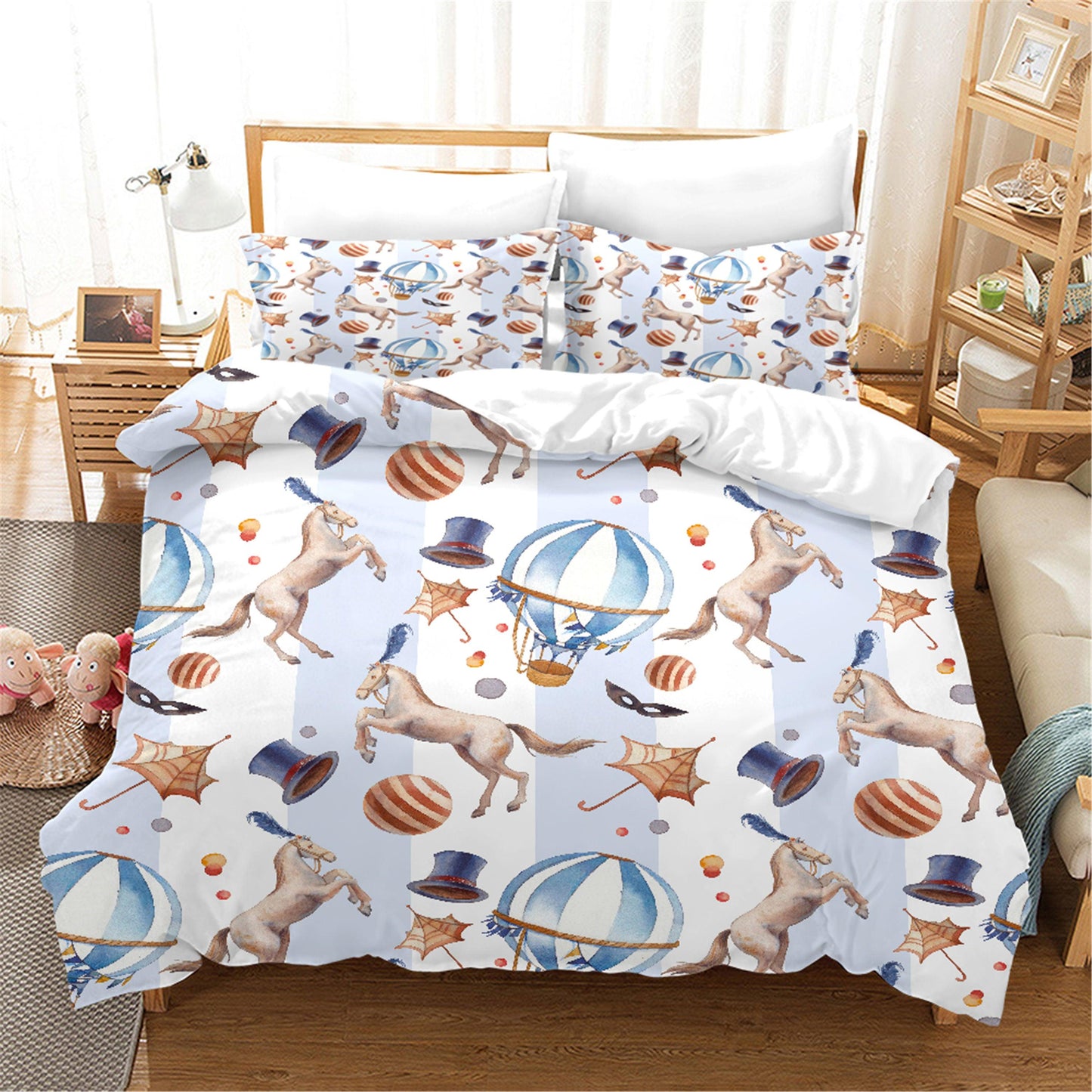 3D Blue Circus Stripes Horse Hot Air Balloon Quilt Cover Set Bedding Set Duvet Cover Pillowcases SF22