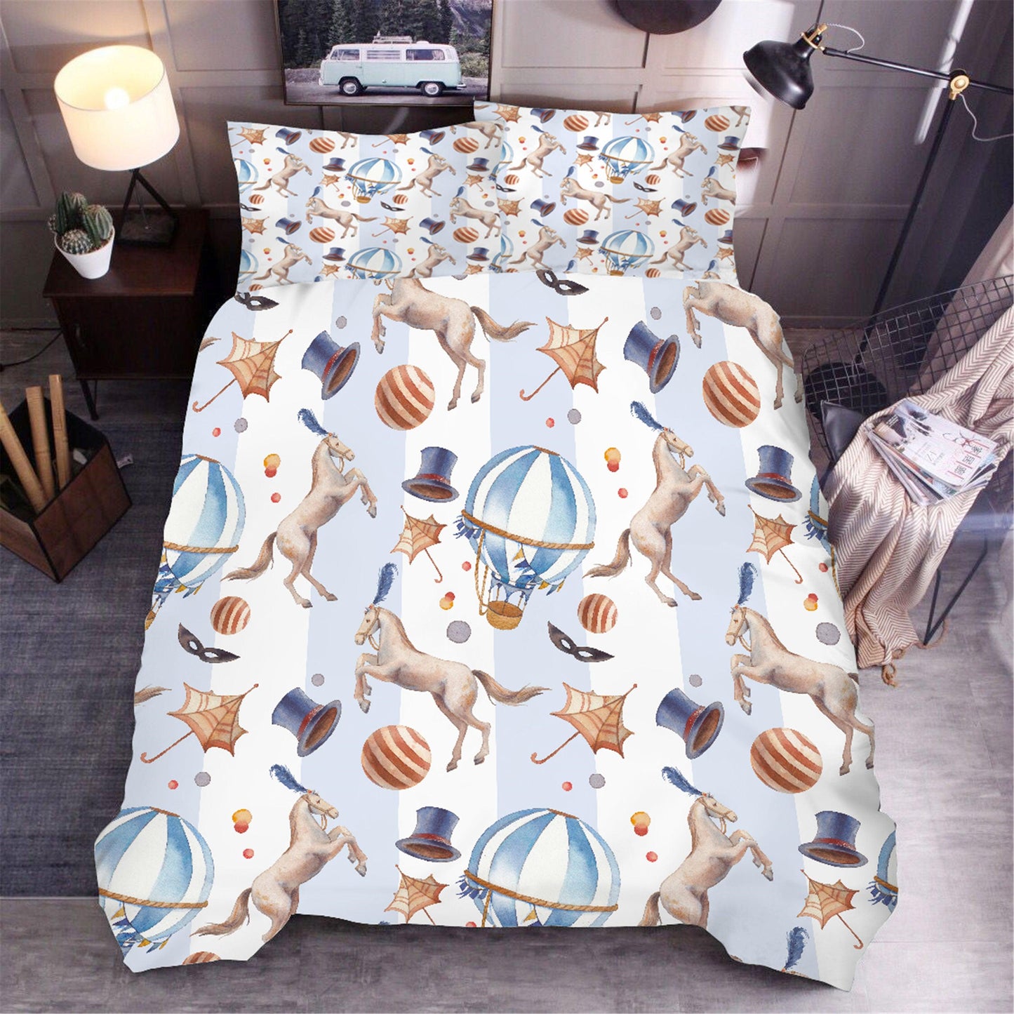3D Blue Circus Stripes Horse Hot Air Balloon Quilt Cover Set Bedding Set Duvet Cover Pillowcases SF22