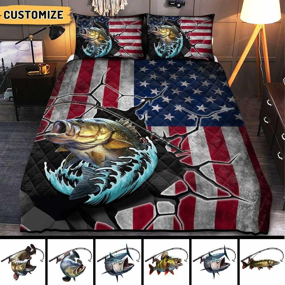 Blanket Personalized: Custom-made Comforter And Quilt Bedding Set, 3pcs, U.s/ca Flag Fishing Design
