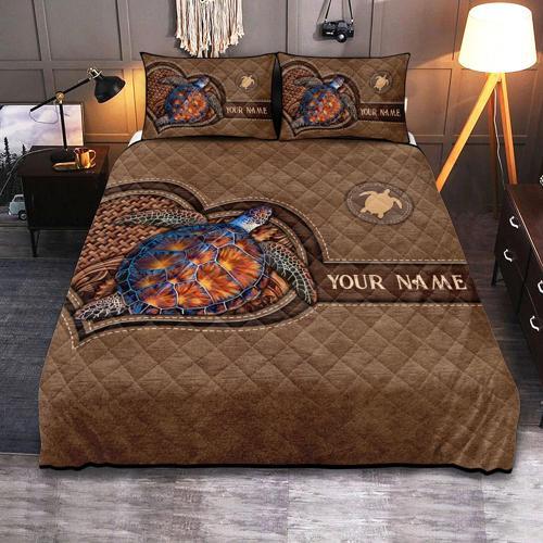 Brown Heart Personalized Turtle Quilt Bedding Set