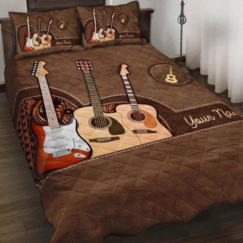 Brown Heart Guitar Personalized Quilt Bedding Set