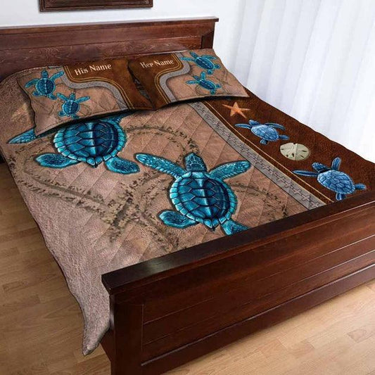 Custom You And Me - Personalized Turtle 3-Piece Quilt Bedding Set With Leather Pattern Print