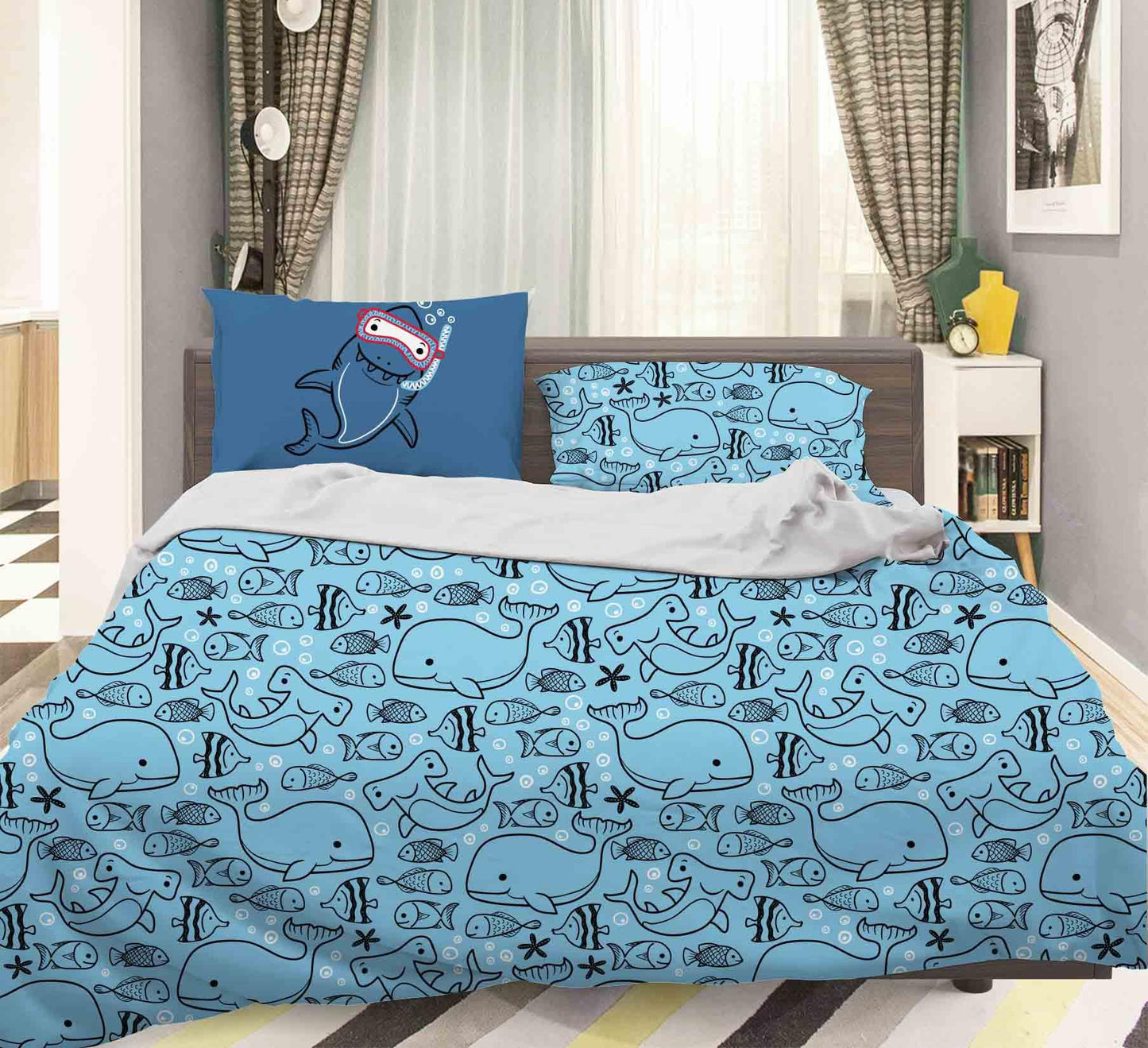 3D Cartoon Blue Dolphin Quilt Cover Set Bedding Set Pillowcases 83