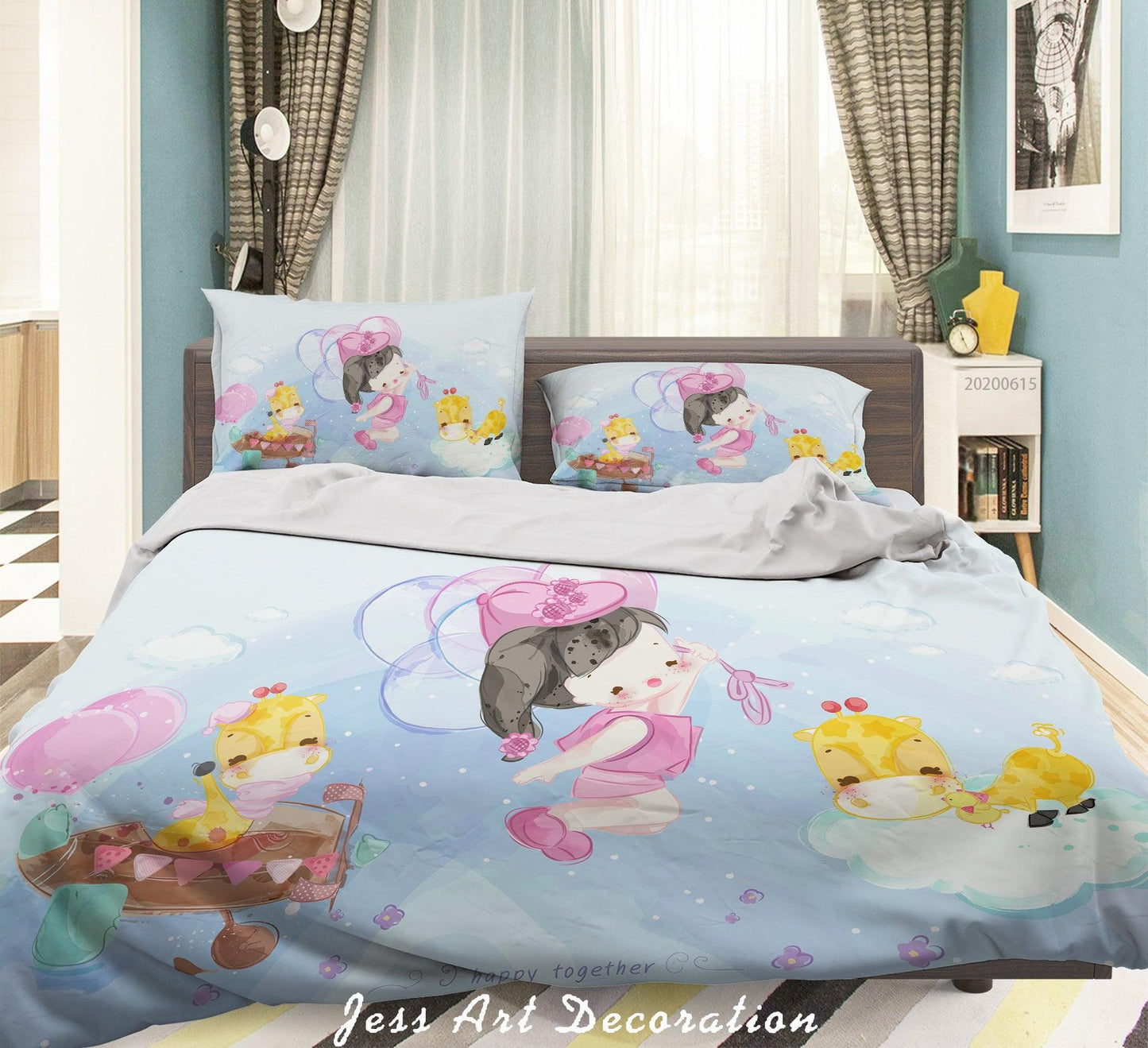 3D Blue Cartoon Giraffe Girl Quilt Cover Set Bedding Set Duvet Cover Pillowcases SF29